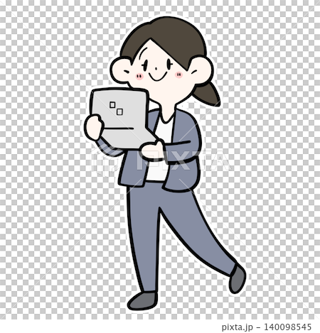 Illustration of a female office worker walking with a PC. Illustration of a female office worker walking with a PC. 140098545