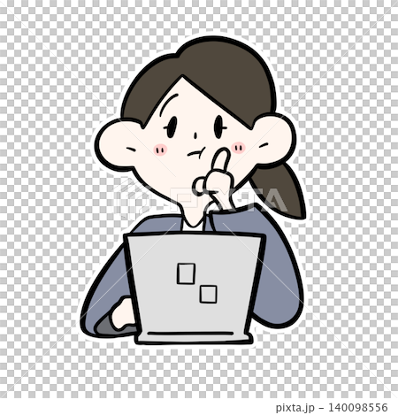 An illustration of a female office worker thinking in front of her computer. An illustration of a female office worker thinking in front of her computer. 140098556