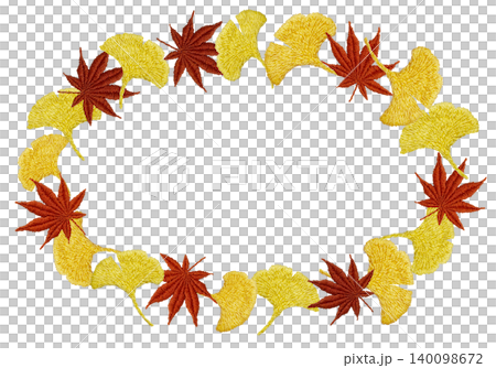 【紅葉とイチョウの丸フレーム】手刺繍イラスト素材 140098672