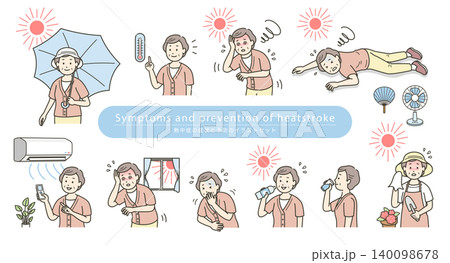 熱中症の症状の発症と予防や対策をする高齢者女性のシンプルな線画イラストセット 140098678