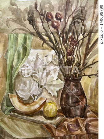 Still life with a vase, dry flowers, and fruits and vegetable. Watercolor. Watercolor painting on paper. Still life with a jug. 140098799