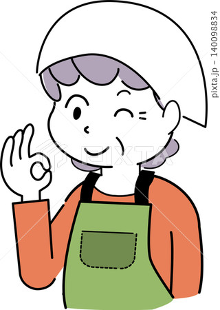 OKサインを出してウインクするエプロン姿の女性のシンプルイラスト(おばあさん・シニア・表情・人物) OKサインを出してウインクするエプロン姿の女性のシンプルイラスト(おばあさん・シニア・表情・人物) 140098834