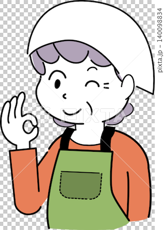 OKサインを出してウインクするエプロン姿の女性のシンプルイラスト(おばあさん・シニア・表情・人物) OKサインを出してウインクするエプロン姿の女性のシンプルイラスト(おばあさん・シニア・表情・人物) 140098834