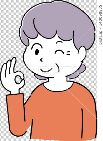 ウインクして笑いながらOKサインを出す女性のシンプルイラスト(おばあさん・シニア・表情・人物素材) ウインクして笑いながらOKサインを出す女性のシンプルイラスト(おばあさん・シニア・表情・人物素材) 140098835