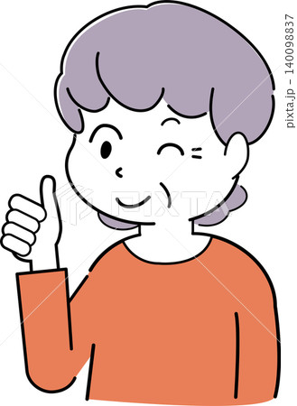 ウインクして笑いながらグーサインを出す女性のシンプルイラスト（おばあさん・シニア・表情・人物素材） 140098837