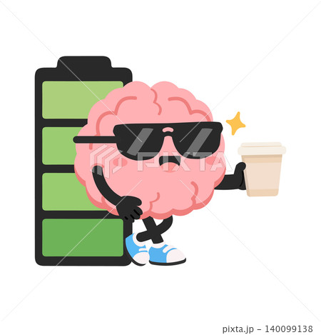 Brain Character Holding Coffee and Battery Brain Character Holding Coffee and Battery 140099138