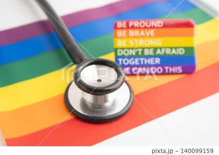 LGBT symbol, Stethoscope on rainbow flag, rights and gender equality, LGBT Pride Month in June. LGBT symbol, Stethoscope on rainbow flag, rights and gender equality, LGBT Pride Month in June. 140099159