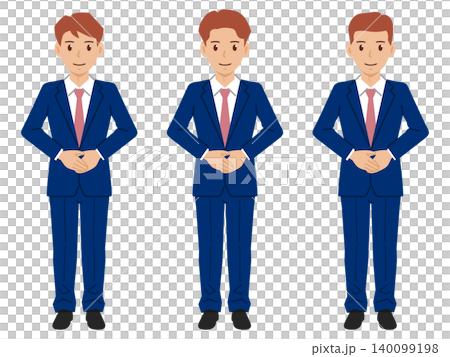 [Full body] A young man in a navy suit with his hands clasped in front of him. 140099198