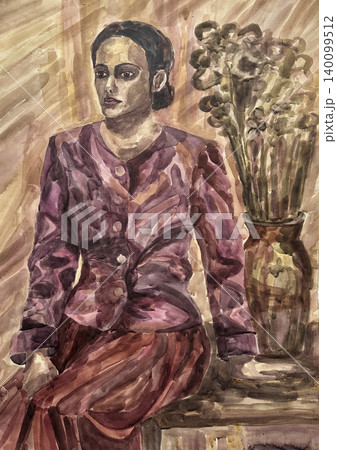 Woman sitting posing. Watercolor painting, portrait abstract of a woman. Woman sitting posing. Watercolor painting, portrait abstract of a woman. 140099512