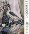 Still life with a bird, dry flowers, vase and fruit. Watercolor. Watercolor painting on paper. Still life with a jug. 140099513