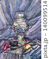 Still life with a samovar, cup, and fruit. Watercolor. Watercolor painting on paper. Still life with a jug. 140099514