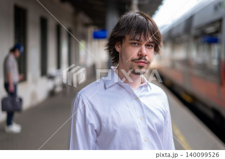 Young man in white shirt standing on platform near train during summer. 140099526