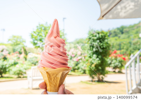 外で食べるあしかがフラワーパークのとちおとめソフト 外で食べるあしかがフラワーパークのとちおとめソフト 140099574