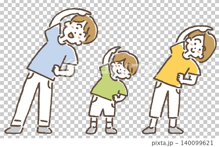 笑顔でラジオ体操をしている家族のイラスト。 笑顔でラジオ体操をしている家族のイラスト。 140099621
