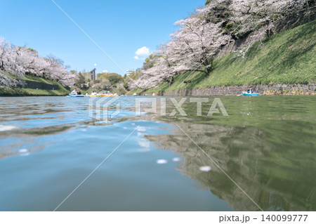 快晴の青空と千鳥ヶ淵の桜並木 お花見ボートで賑わう水上風景 快晴の青空と千鳥ヶ淵の桜並木 お花見ボートで賑わう水上風景 140099777