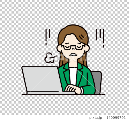 ノートパソコンの前に座ってため息をつく、ジャケットを着た若い女性の上半身ベクターイラスト素材 ノートパソコンの前に座ってため息をつく、ジャケットを着た若い女性の上半身ベクターイラスト素材 140099791
