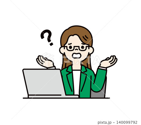 パソコンの前で困ってお手上げのポーズをとる、若い女性・秘書・OLの上半身ベクターイラスト素材 パソコンの前で困ってお手上げのポーズをとる、若い女性・秘書・OLの上半身ベクターイラスト素材 140099792