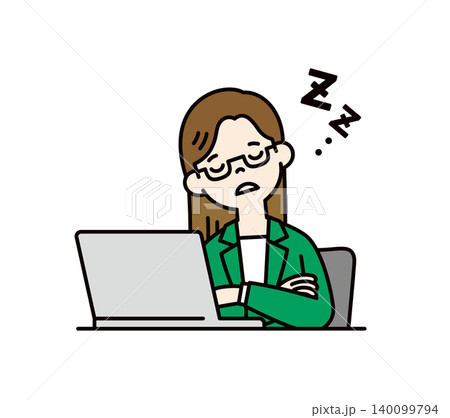 パソコンの前に座ってうとうと居眠りをする、若い女性・キャリアウーマンのベクターイラスト素材 140099794