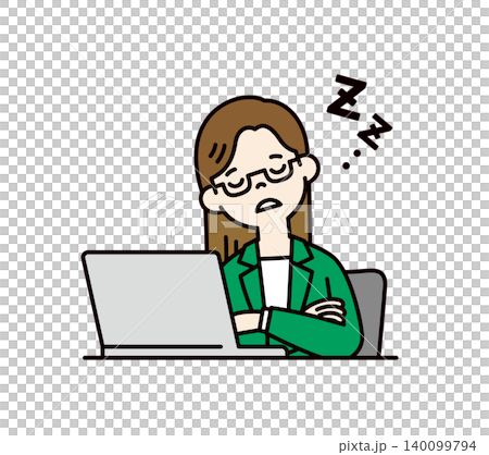 パソコンの前に座ってうとうと居眠りをする、若い女性・キャリアウーマンのベクターイラスト素材 140099794