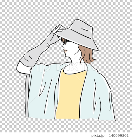 女性採取措施保護自己免受夏季高溫和紫外線照射時的面部表情。 女性採取措施保護自己免受夏季高溫和紫外線照射時的面部表情。 140099801