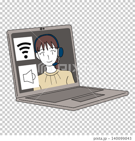 Illustration of a female operator on an online call screen with a communication icon. Illustration of a female operator on an online call screen with a communication icon. 140099843