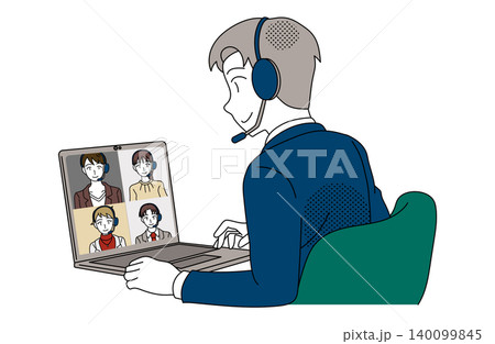 ヘッドセットでオンライン会議をするビジネスマンのイラスト ヘッドセットでオンライン会議をするビジネスマンのイラスト 140099845