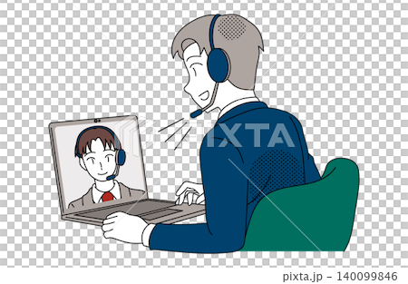 ヘッドセットでオンライン通話をするビジネスマンのイラスト 140099846