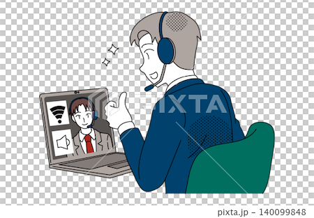 ヘッドセットで快適にオンライン通話をするビジネスマンのイラスト 140099848