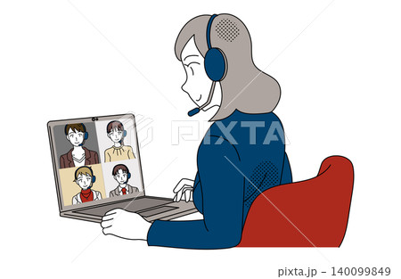 ヘッドセットでオンライン会議をする女性会社員のイラスト 140099849