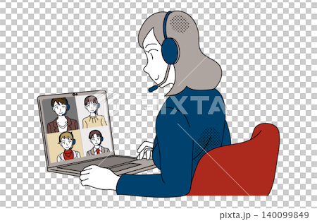 ヘッドセットでオンライン会議をする女性会社員のイラスト 140099849