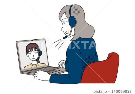 ヘッドセットでオンライン通話をする女性会社員のイラスト 140099852