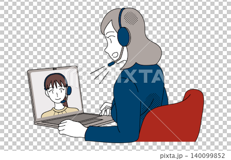 ヘッドセットでオンライン通話をする女性会社員のイラスト 140099852