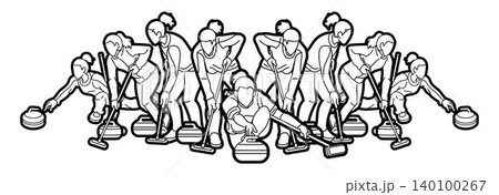 Group of Curling Sport Mix Female Players Action Cartoon Outline Graphic Vector Group of Curling Sport Mix Female Players Action Cartoon Outline Graphic Vector 140100267