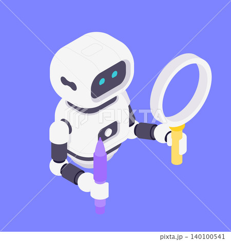 Modern Isometric Vector Illustration Of Friendly AI Robot Assistant With Magnifying Glass And Pen 140100541