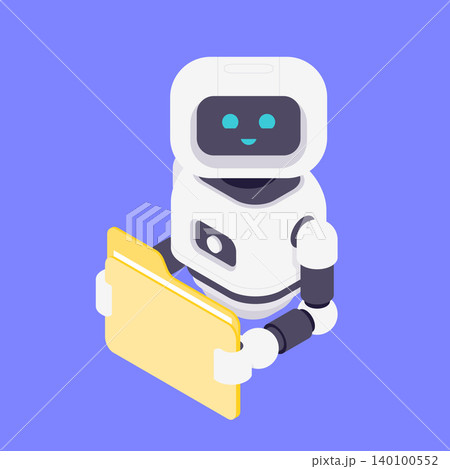 Modern Isometric Vector Illustration Of Friendly AI Robot Holding Yellow Document Folder 140100552