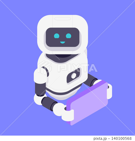 Modern Isometric Vector Illustration Of Friendly Robot Holding Empty Purple Board 140100568