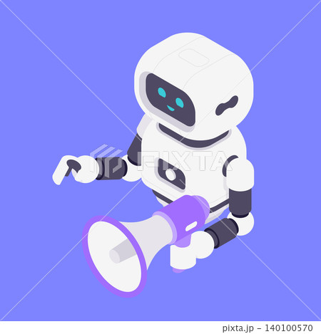 Modern Isometric Vector Illustration Of Friendly Robot Holding Purple Megaphone Modern Isometric Vector Illustration Of Friendly Robot Holding Purple Megaphone 140100570