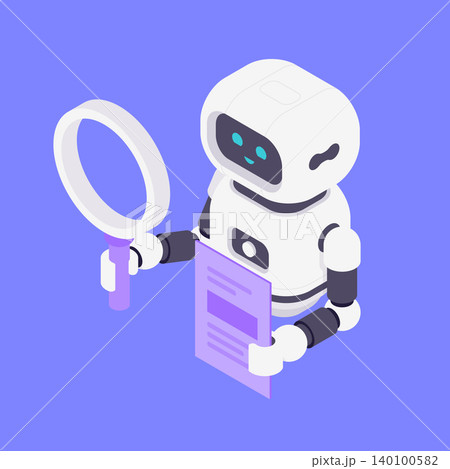 Modern Isometric Vector Illustration Of Friendly Robot Holding Magnifying Glass And Book 140100582