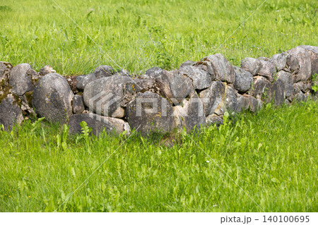 Ancient low stone wall runs through a lush green meadow Ancient low stone wall runs through a lush green meadow 140100695