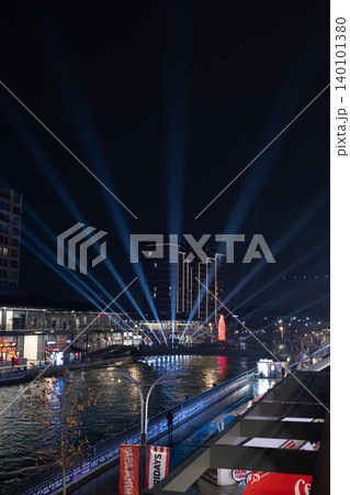 Tashkent, Uzbekistan - February 02, 2026: Seoul Mun Street. Blue Light Show at Seoul Mun Riverside District in Tashkent at Night. 140101380