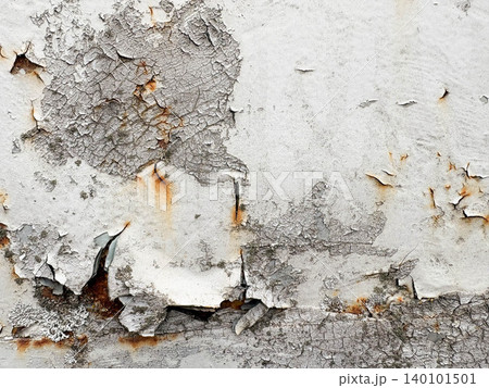 close-up of a heavily weathered and corroded surface, likely metal. Layers of old, white-grey paint are extensively cracked close-up of a heavily weathered and corroded surface, likely metal. Layers of old, white-grey paint are extensively cracked 140101501