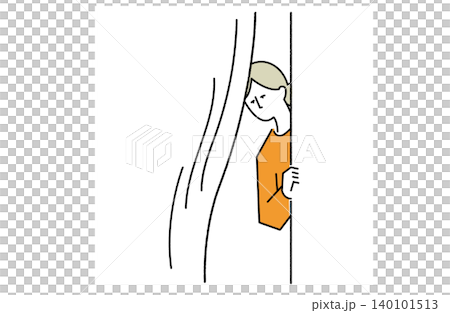 A woman peeking outside through a gap in the curtains. A woman peeking outside through a gap in the curtains. 140101513