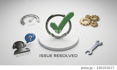 3d rendered checkmark icon representing issue resolved concept surrounded by service symbols on a clean minimalist white background	 140101617