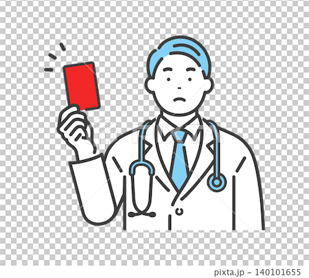 A middle-aged male doctor issues a red card. A middle-aged male doctor issues a red card. 140101655