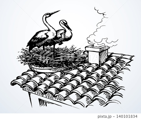 Vector drawing. Storks in a nest on the roof 140101834
