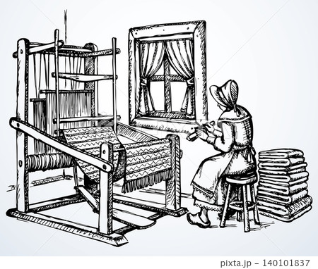 Vector drawing. A woman at a loom 140101837