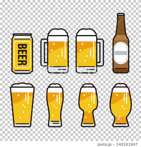 Beer in various forms: beer glasses, beer mugs, bottled beer, canned beer Beer in various forms: beer glasses, beer mugs, bottled beer, canned beer 140101847