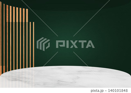 White Marble Circular Podium Positioned Against Dark Green Backdrop with Gold Vertical Wooden Slat Details. White Marble Circular Podium Positioned Against Dark Green Backdrop with Gold Vertical Wooden Slat Details. 140101848