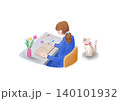机で日記を書く女性とそれを見ている猫 机で日記を書く女性とそれを見ている猫 140101932