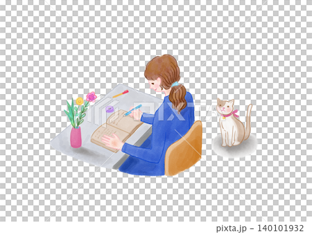 一位女士在書桌前寫日記,一隻貓看著她。 一位女士在書桌前寫日記,一隻貓看著她。 140101932